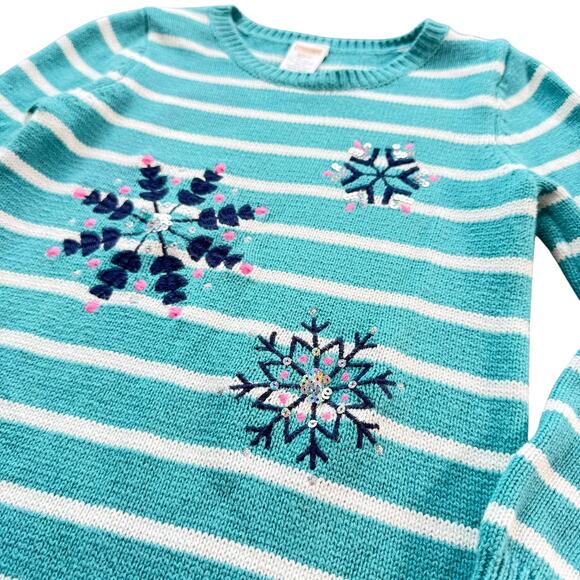 Gymboree Sweater Dress S 5/6 Turquoise White Stripe Sequin Snowflake Fun 2017 - Picture 2 of 6